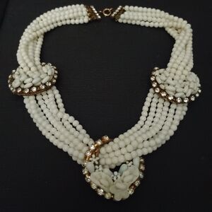 Vintage Milky Glass Beaded Necklace with Rhinestone  Accents 14 "